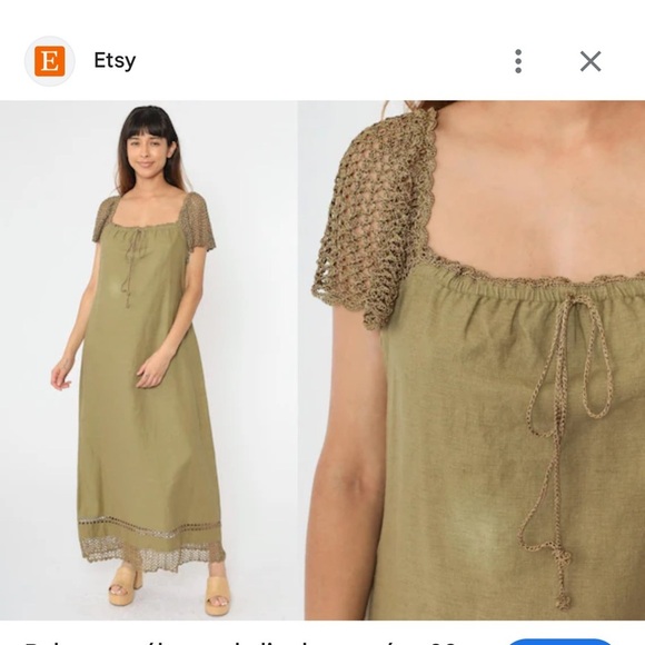 Saint Tropez West Carole Little Crochet  Dress Linen Green Khaki Maxi SZ 6 Fairy - Picture 2 of 10